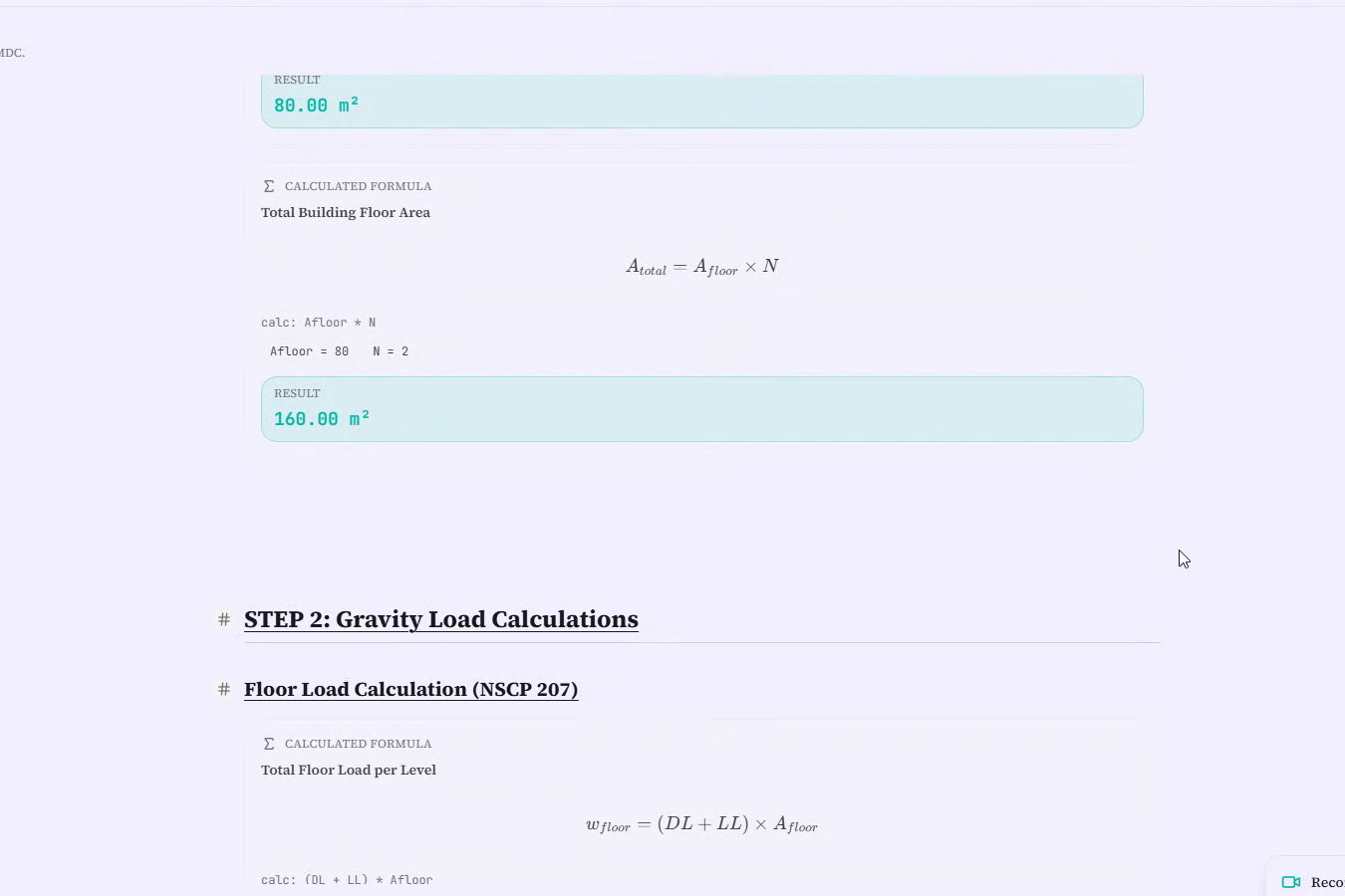 Fresh in-app mdworkspace capture showing structured gravity load calculations with formula blocks and live result cards.